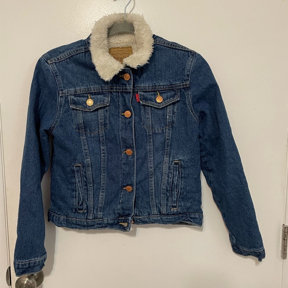 Levi’s kids L 12-13 yrs sherpa lined dark wash button down denim jacket pockets